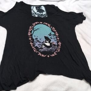 Black Graphic Alice In Wonderland Cold Shoulder Tee with Pink and Blue Design
